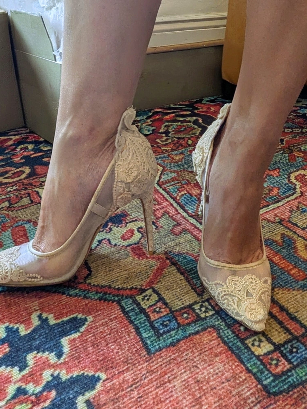 Vince Camuto Lace Pointed-Toe Stiletto Heels in Beige